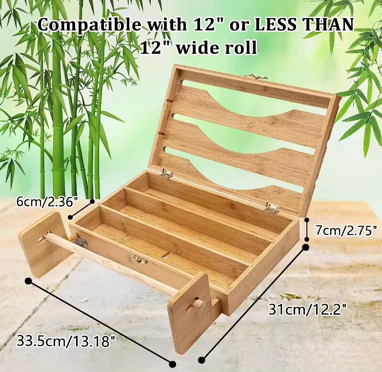 Hot Sales Wall Mount Bamboo Ziplock Dispenser Box Plastic Wrap Organizer Foil Dispenser with Slide Cutter