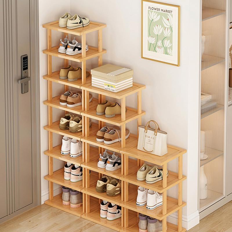 Adjustable Portable Solid Wood Shoe Shelf Space Saving Slim Bamboo Wooden Stackable Shoe Rack Organizer for Home Closet