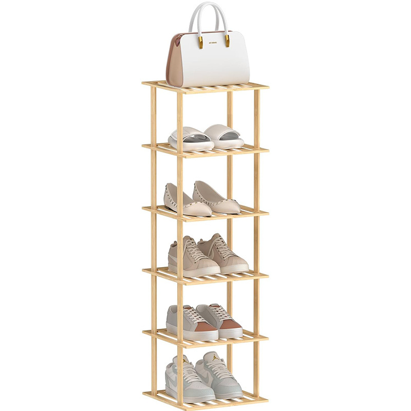 Adjustable Portable Solid Wood Shoe Shelf Space Saving Slim Bamboo Wooden Stackable Shoe Rack Organizer for Home Closet