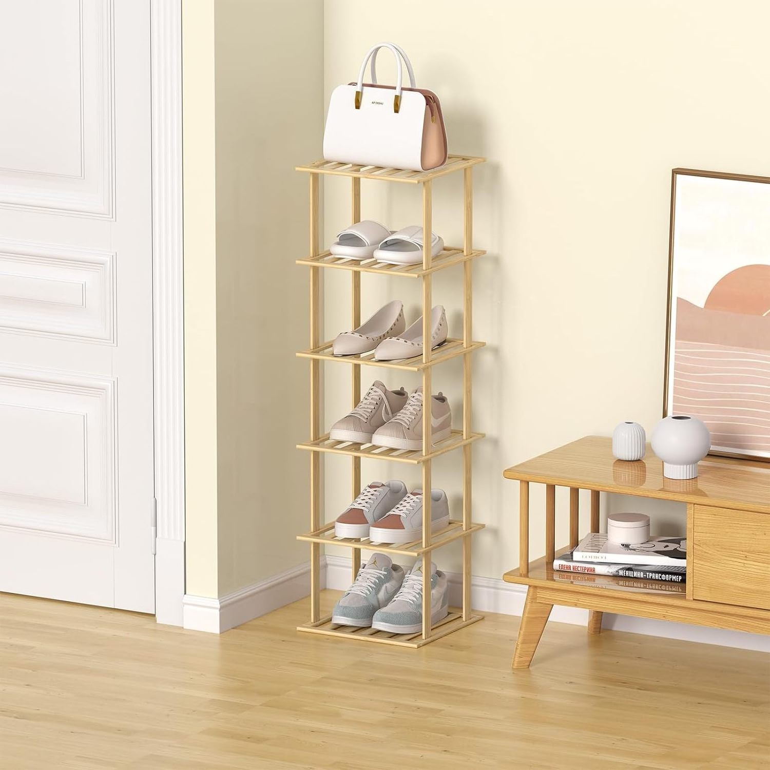 Adjustable Portable Solid Wood Shoe Shelf Space Saving Slim Bamboo Wooden Stackable Shoe Rack Organizer for Home Closet