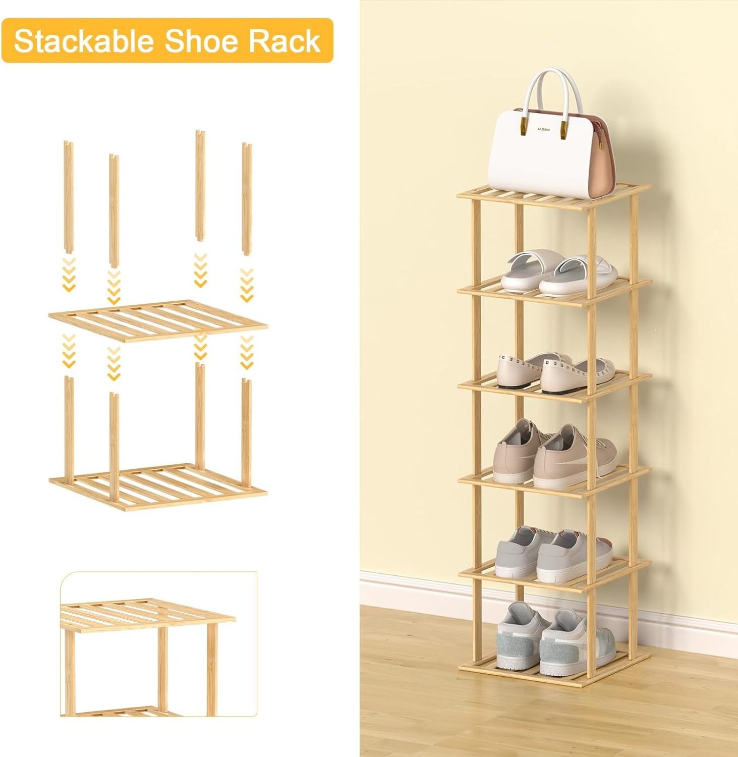 Adjustable Portable Solid Wood Shoe Shelf Space Saving Slim Bamboo Wooden Stackable Shoe Rack Organizer for Home Closet