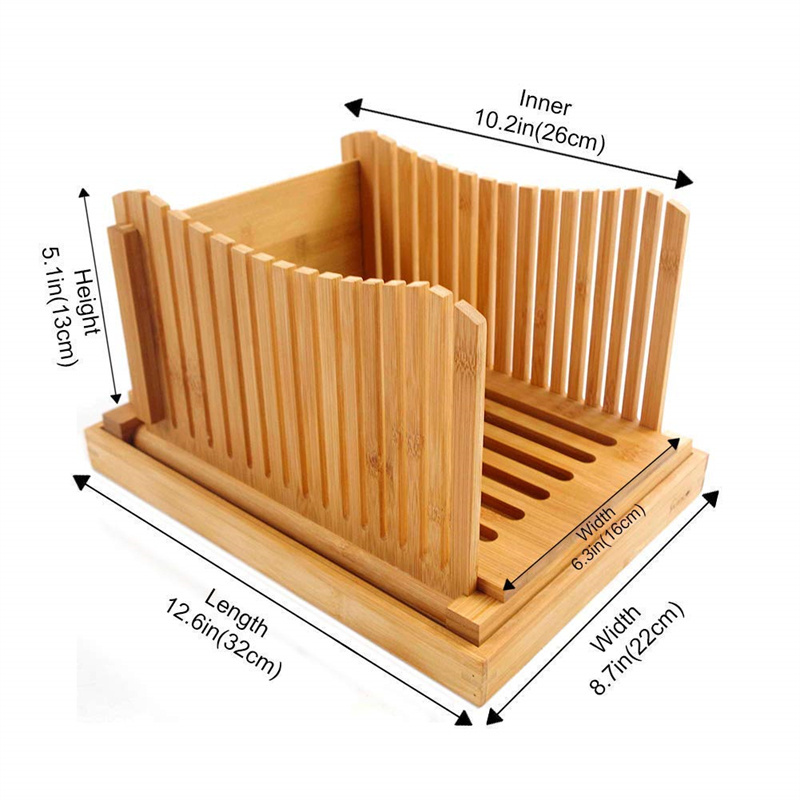 Adjustable Slice Thicknesses Bread Cutter Bamboo Foldable Manual Bread Slicer with Crumb Tray and Knife