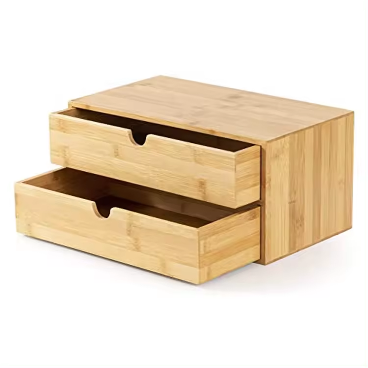 Factory Supply Mini Bamboo Desk Drawer Wooden Storage Box Tabletop Storage Organizer with 2 Drawers