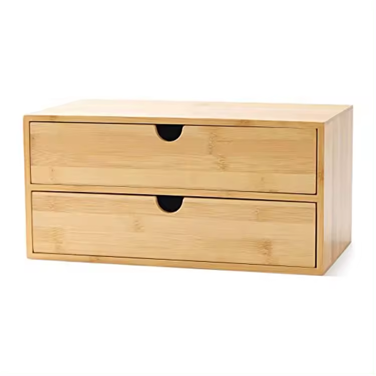 Factory Supply Mini Bamboo Desk Drawer Wooden Storage Box Tabletop Storage Organizer with 2 Drawers