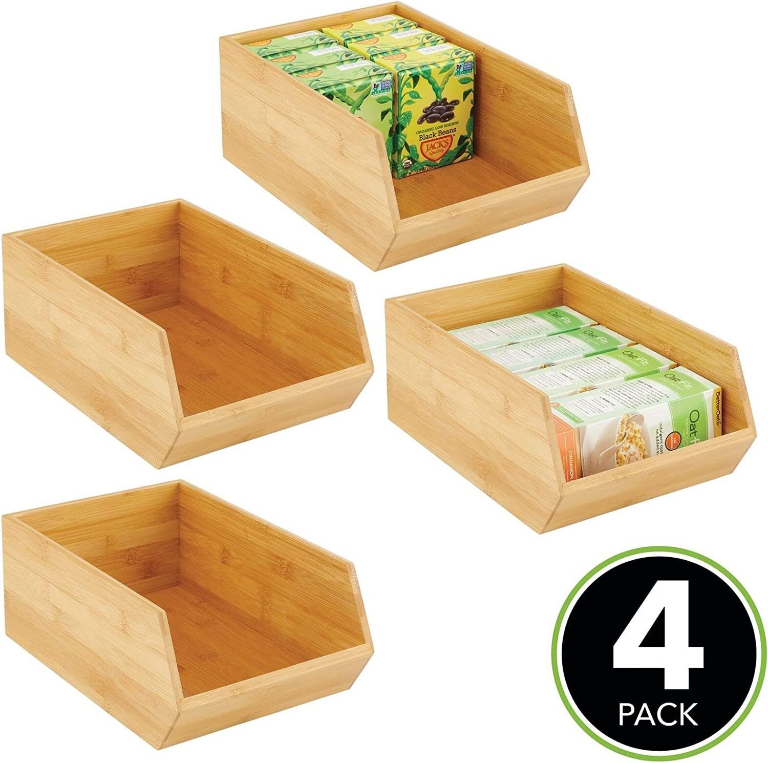 Bamboo Stackable Food Storage Organization Bin Basket - Wide Open Front for Kitchen Cabinets Pantry Offices Closets Storage box