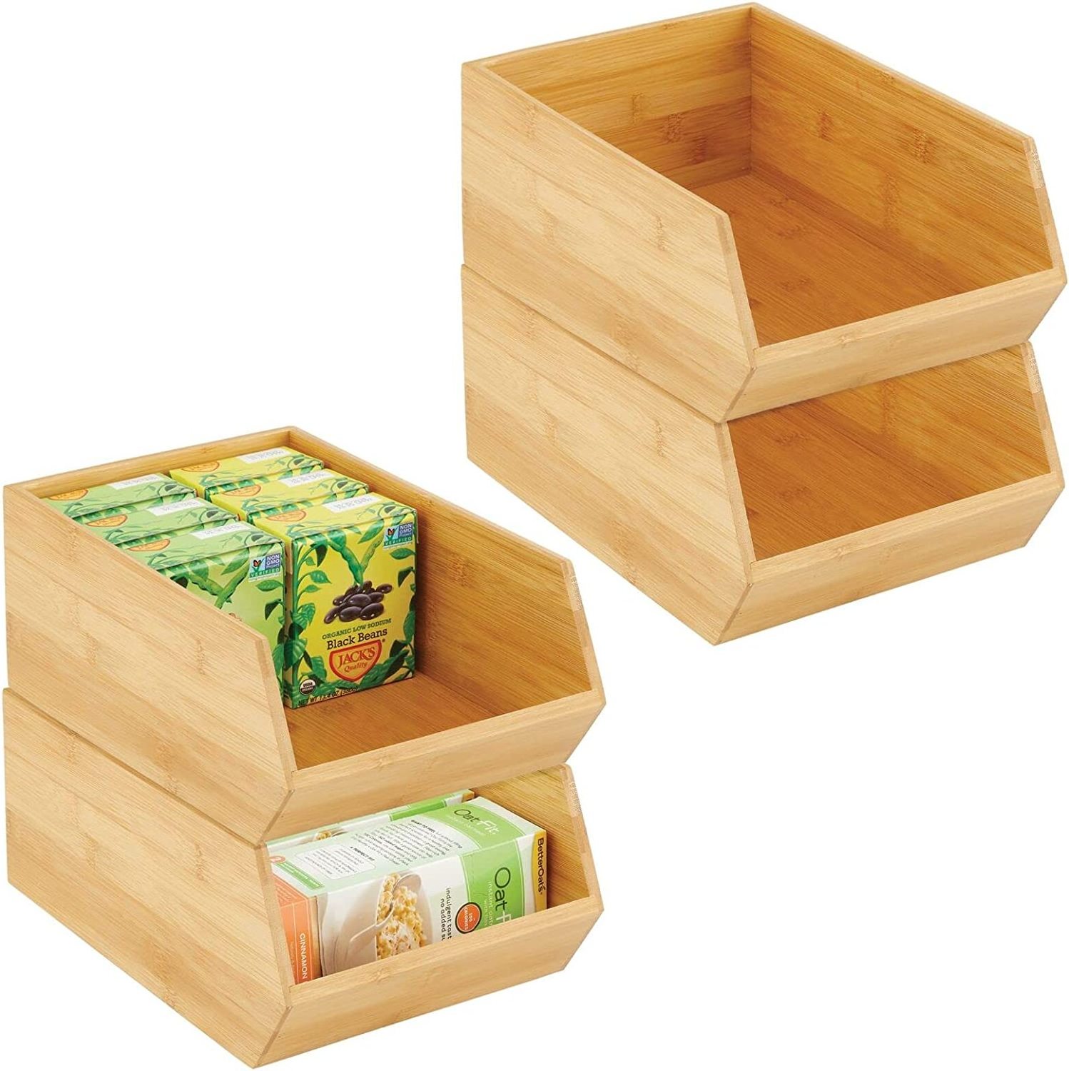 Bamboo Stackable Food Storage Organization Bin Basket - Wide Open Front for Kitchen Cabinets Pantry Offices Closets Storage box