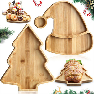 Free Custom Logo Christmas Food Snack Dessert Serving Tray Bamboo Christmas Tree Dish Plates Set