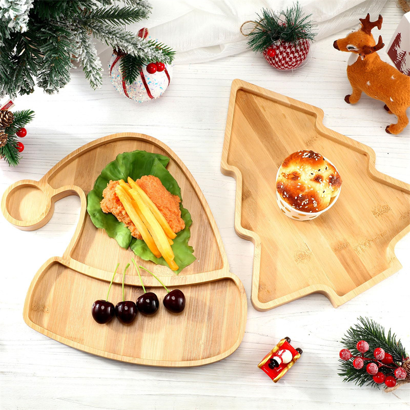 Free Custom Logo Christmas Food Snack Dessert Serving Tray Bamboo Christmas Tree Dish Plates Set