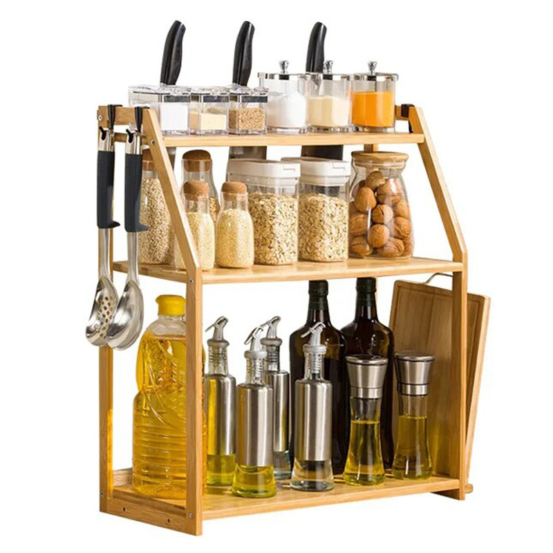 Wood Larger Capacity Spice Shelf Cabinet 3 Tier Bamboo Spice Bottle Rack Organizer Kitchen Storage Rack for Countertop