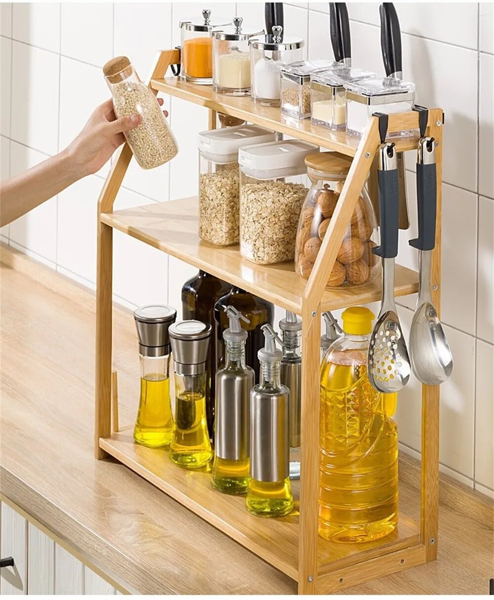 Wood Larger Capacity Spice Shelf Cabinet 3 Tier Bamboo Spice Bottle Rack Organizer Kitchen Storage Rack for Countertop