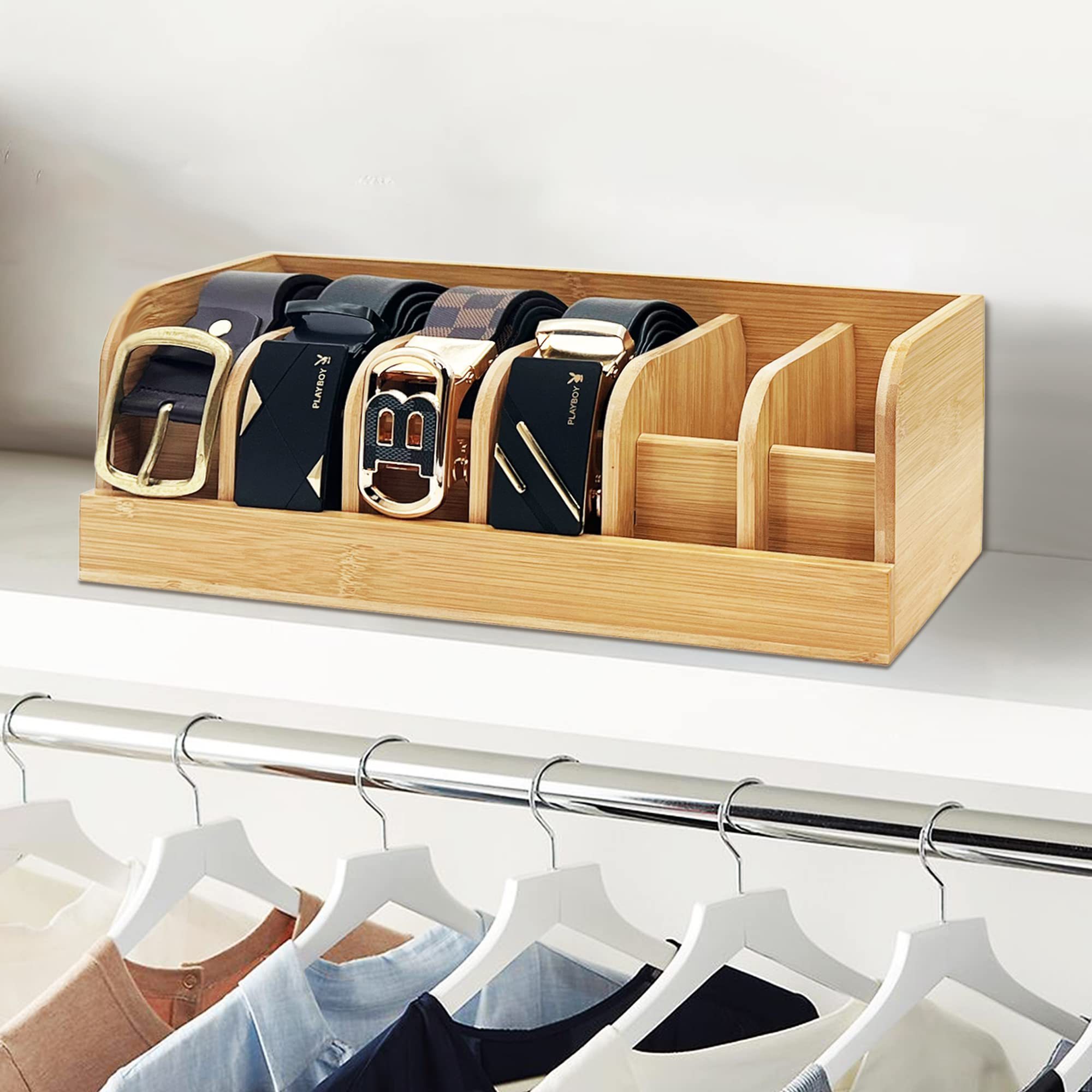 Bamboo Belt Organizer Box 6 Slot Belt Storage Rack Organizer for Closet and Drawer Belt Display Organizer for Men Women