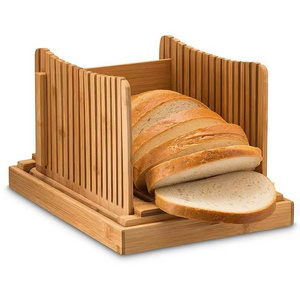 Adjustable Slice Thicknesses Bread Cutter Bamboo Foldable Manual Bread Slicer with Crumb Tray and Knife