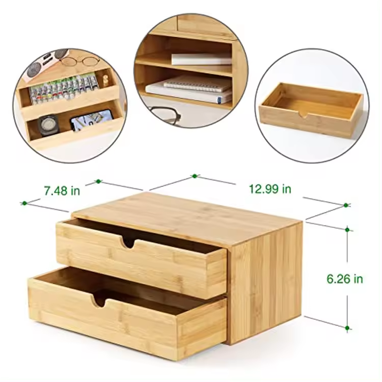 Factory Supply Mini Bamboo Desk Drawer Wooden Storage Box Tabletop Storage Organizer with 2 Drawers