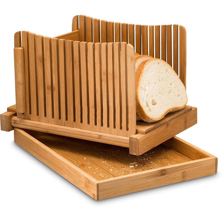 Adjustable Slice Thicknesses Bread Cutter Bamboo Foldable Manual Bread Slicer with Crumb Tray and Knife