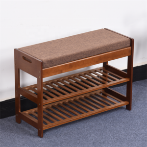 Vintage Brown 3 Tier Solid Wood Shoe Storage Bench Bamboo Shoes Rack Organizer with Ottoman Bench Seat