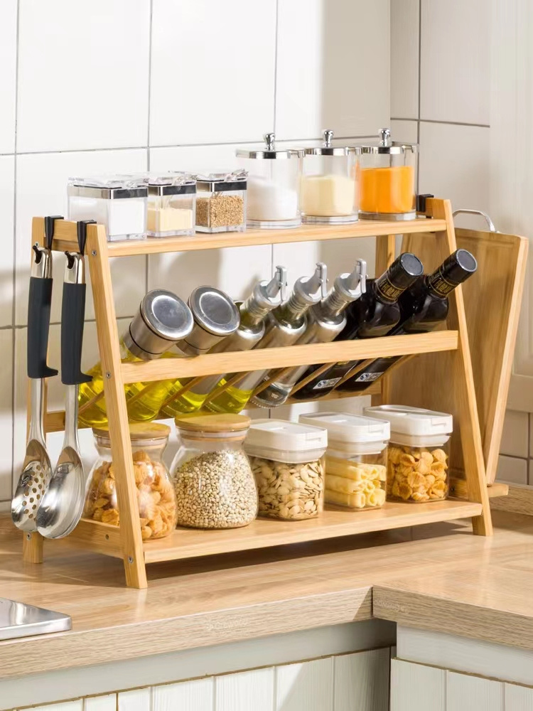 Wood Larger Capacity Spice Shelf Cabinet 3 Tier Bamboo Spice Bottle Rack Organizer Kitchen Storage Rack for Countertop