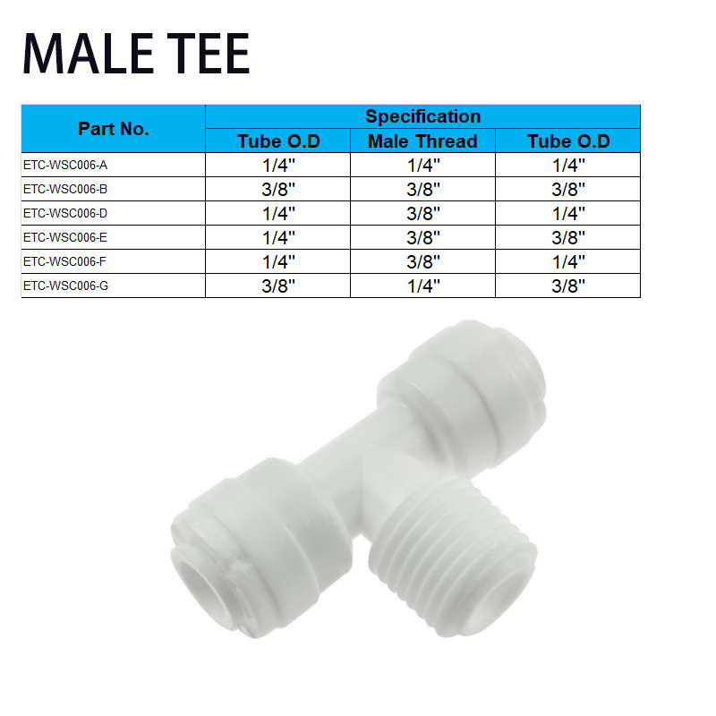 Reverse Osmosis Quick Pipe Fitting T Shape Tee 1/4 3/8 Hose 1/4 3/8 Male Thread R O Water Plastic Coupling Connector