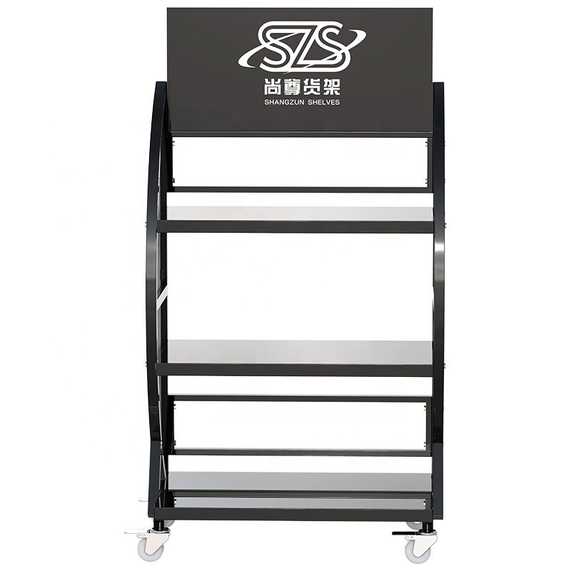 Metal Retail Auto Battery Stands  Car Battery Display  Accessories Racks With LOGO and Advertisement with wheel