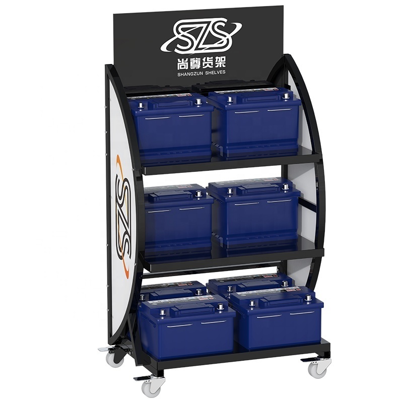 Metal Retail Auto Battery Stands  Car Battery Display  Accessories Racks With LOGO and Advertisement with wheel