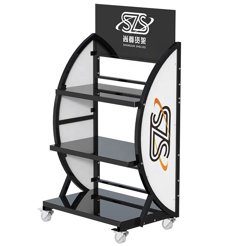 Metal Retail Auto Battery Stands  Car Battery Display  Accessories Racks With LOGO and Advertisement with wheel