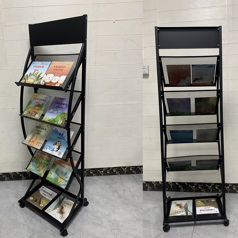 Floor Standing Magazine Holder Display Office Brochure Magazine Display Rack With Wheels