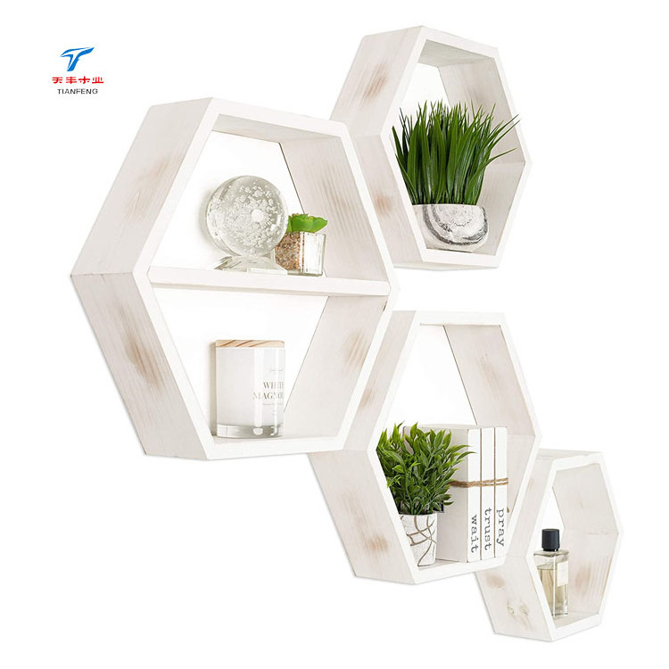 Custom Wall Mounted Floating Cube Honeycomb Natural Wood Hexagon Shelf for Wall Boho Organizer