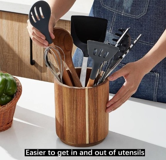 Acacia Wood Utensil Holder for Kitchen Counter 360 Rotating  Large Cooking Utensil Holder/ Kitchen Utensil Storage Organizer