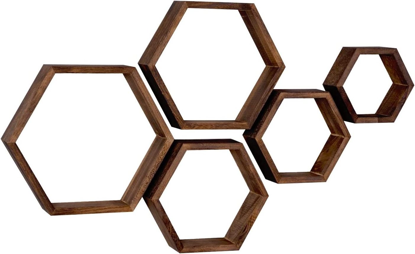 Hexagon Floating Shelves Set of 5, Wall Mounted Honeycomb Shelves Storage Wood Farmhouse Shelves for Wall Decor, Bedroom