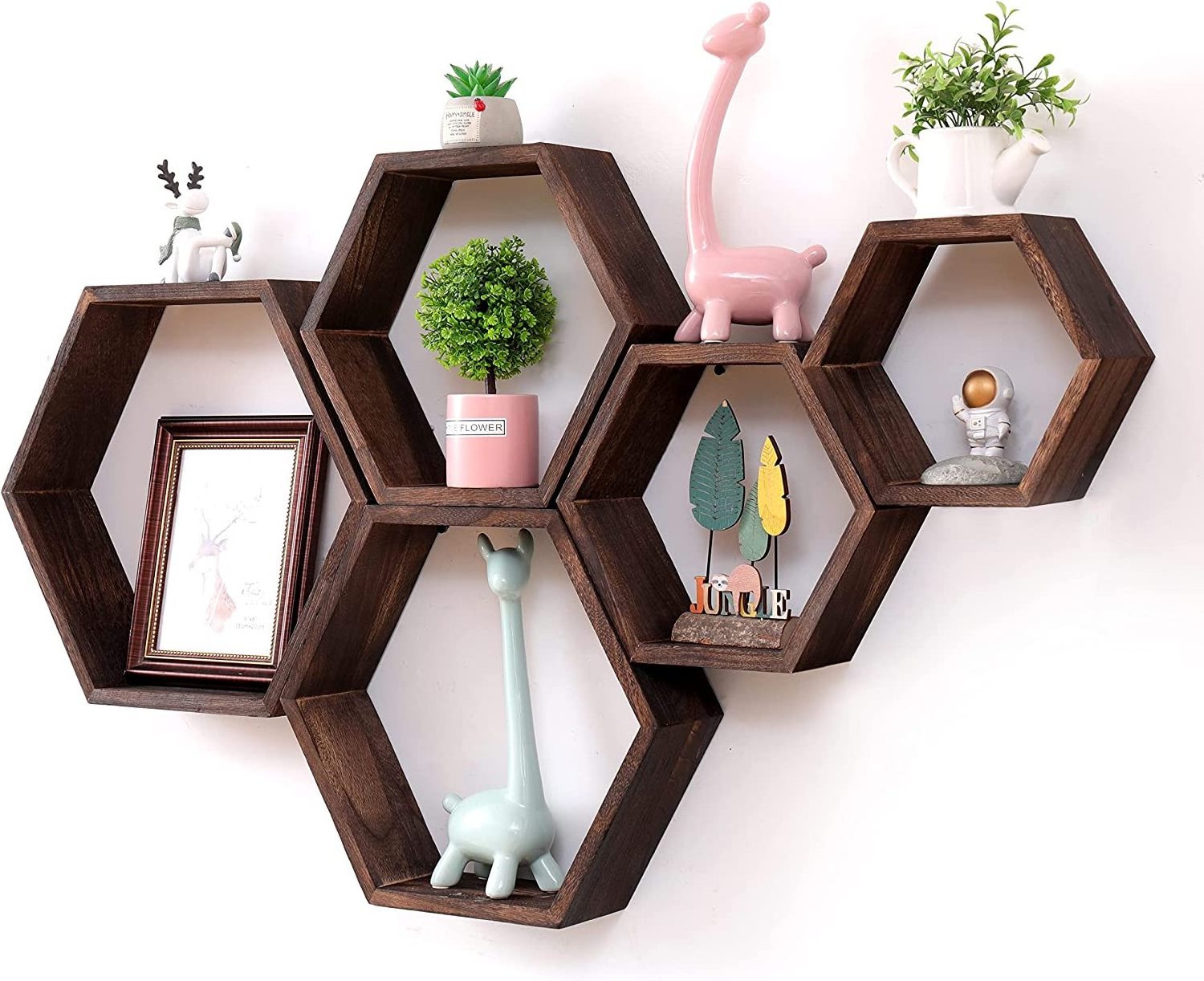 Hexagon Floating Shelves Set of 5, Wall Mounted Honeycomb Shelves Storage Wood Farmhouse Shelves for Wall Decor, Bedroom