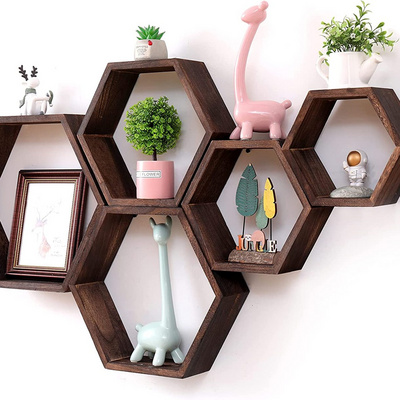 Hexagon Floating Shelves Set of 5, Wall Mounted Honeycomb Shelves Storage Wood Farmhouse Shelves for Wall Decor, Bedroom