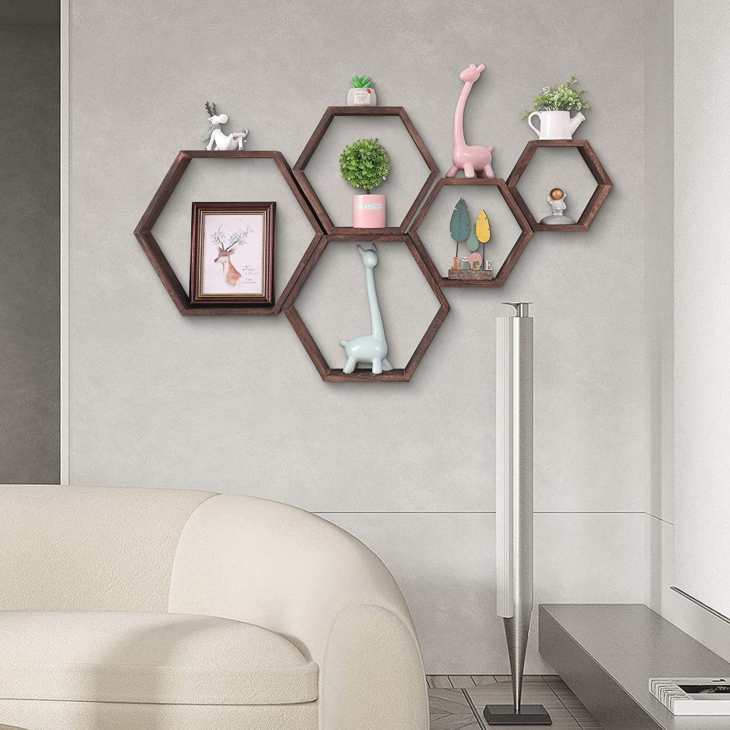 Hexagon Floating Shelves Set of 5, Wall Mounted Honeycomb Shelves Storage Wood Farmhouse Shelves for Wall Decor, Bedroom