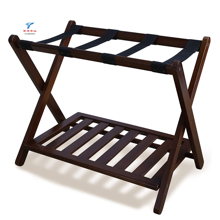 Customized Large Wood Folding Hotel Suitcase Stand Luggage Rack with Storage Shelf for Hotels