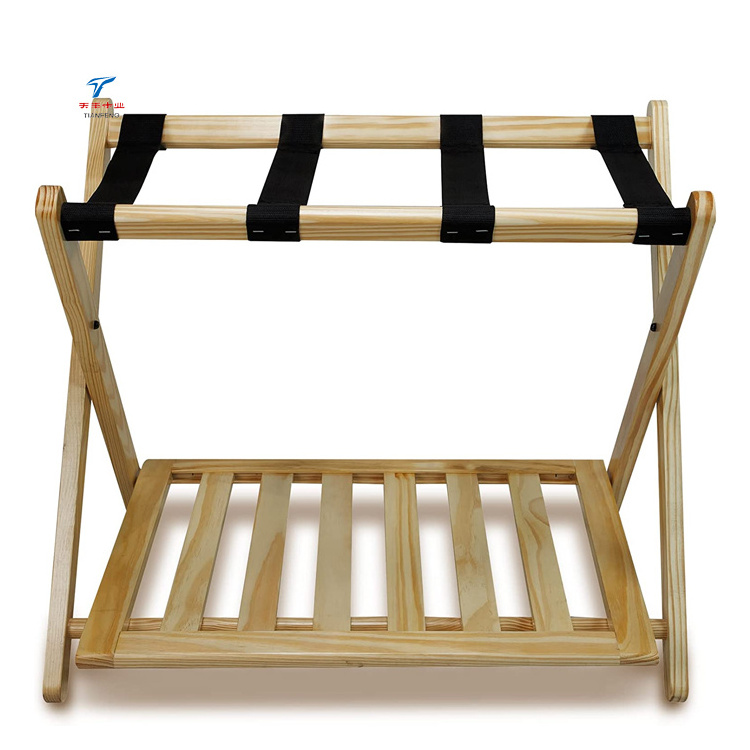 Customized Large Wood Folding Hotel Suitcase Stand Luggage Rack with Storage Shelf for Hotels