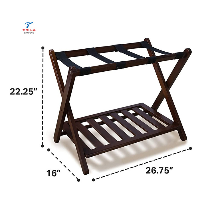 Customized Large Wood Folding Hotel Suitcase Stand Luggage Rack with Storage Shelf for Hotels