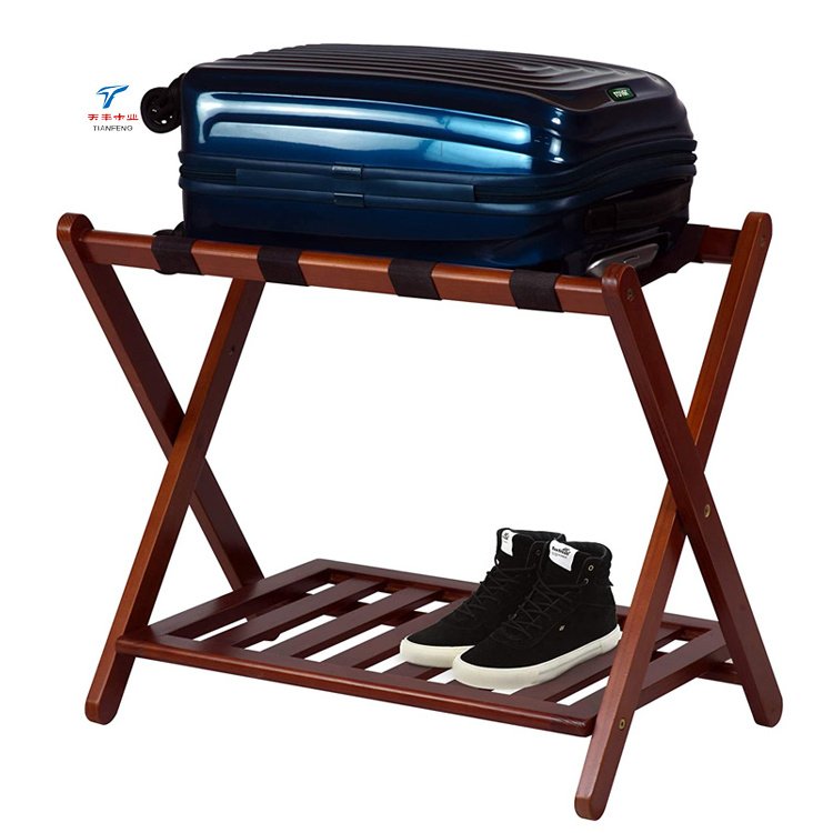 Customized Large Wood Folding Hotel Suitcase Stand Luggage Rack with Storage Shelf for Hotels