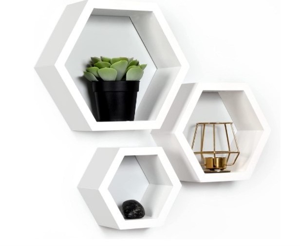 wooden Hexagon Shelves, Set of 6 Wall Shelves Floating Shelves for Bathroom/Kitchen/Bedroom/Living room