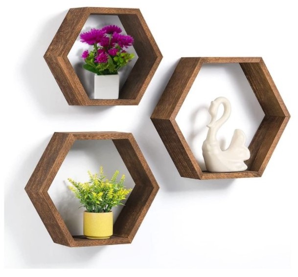 wooden Hexagon Shelves, Set of 6 Wall Shelves Floating Shelves for Bathroom/Kitchen/Bedroom/Living room