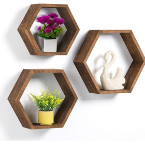 wooden Hexagon Shelves, Set of 6 Wall Shelves Floating Shelves for Bathroom/Kitchen/Bedroom/Living room