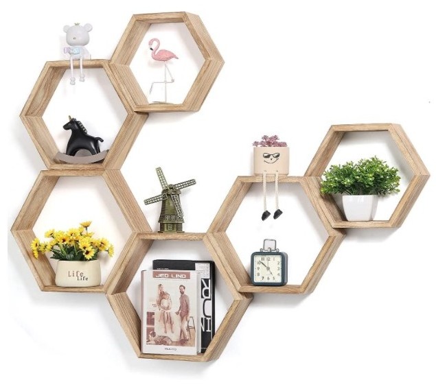 wooden Hexagon Shelves, Set of 6 Wall Shelves Floating Shelves for Bathroom/Kitchen/Bedroom/Living room