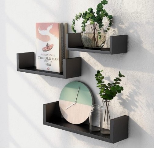 Set of 4 Rustic Wood Floating Shelves Black MDF Corner Wall Mounted Storage Bedroom Living Room Bathroom Decorative Art Theme