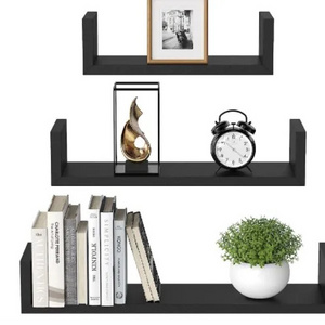 Set of 4 Rustic Wood Floating Shelves Black MDF Corner Wall Mounted Storage Bedroom Living Room Bathroom Decorative Art Theme