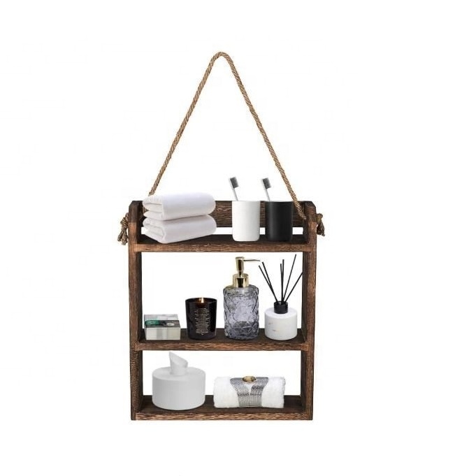 Rustic wooden bathroom rack wall hanging floating shelf ladder style rope wooden hanging rack toilet paper towel organizer