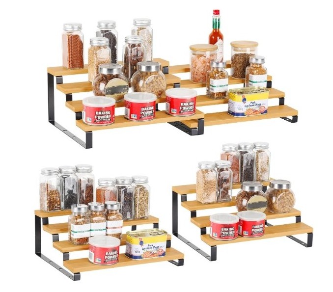 4 Tier Spice Rack Organizer for Cabinet 4 Pack Bamboo Extendable Display Spice Storage Rack