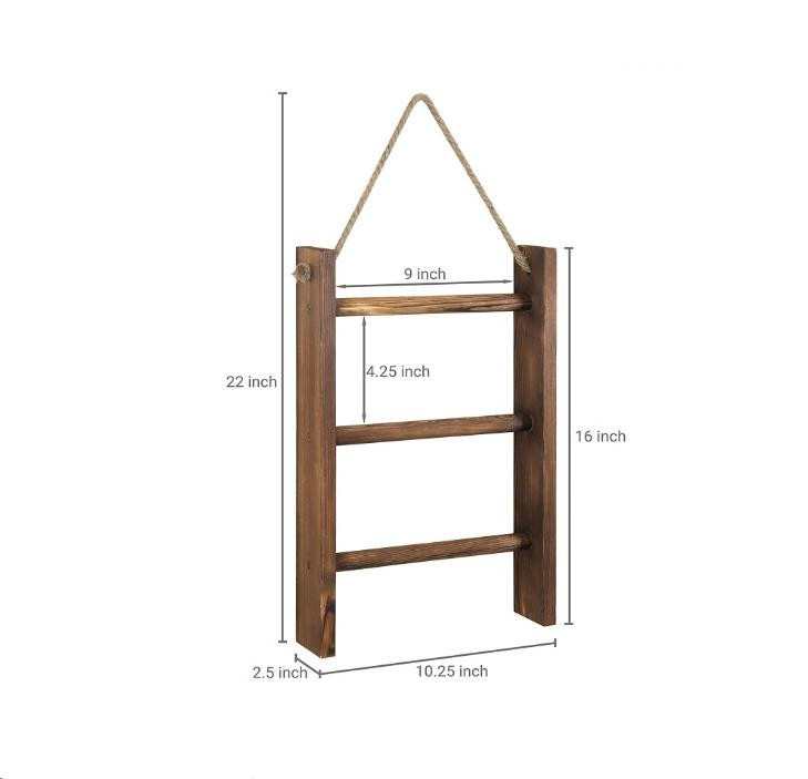 3-Tier Mini Rustic Dark Brown Wood Wall-Hanging Hand Towel Ladder with Rope bathroom storage rack