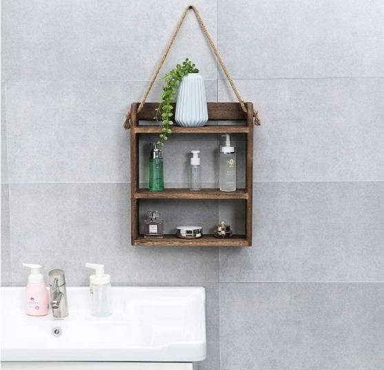 Rustic wooden bathroom rack wall hanging floating shelf ladder style rope wooden hanging rack toilet paper towel organizer