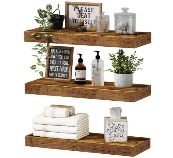 3-Tier Bathroom Shelf Wall Mounted Retro Wood Shelf with Towel Bar Utility Storage Shelf Rack for Bathroom