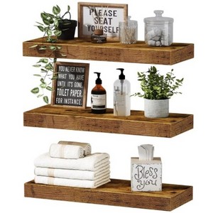 3-Tier Bathroom Shelf Wall Mounted Retro Wood Shelf with Towel Bar Utility Storage Shelf Rack for Bathroom