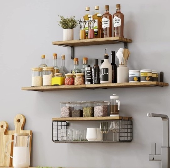 3-Tier Bathroom Shelf Wall Mounted Retro Wood Shelf with Towel Bar Utility Storage Shelf Rack for Bathroom