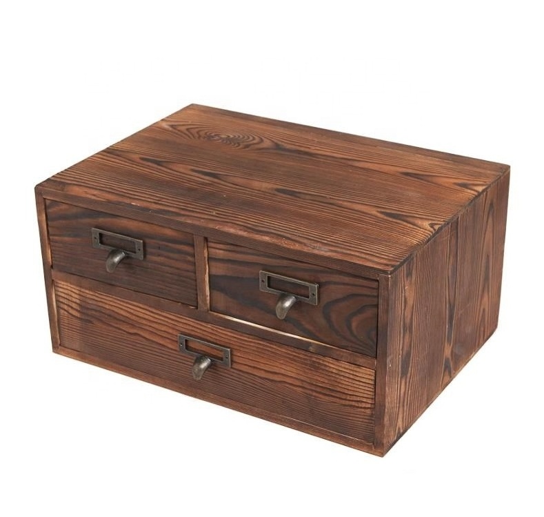 Small country style dark brown wooden office storage shoe rack  jewelry storage box 3 drawers