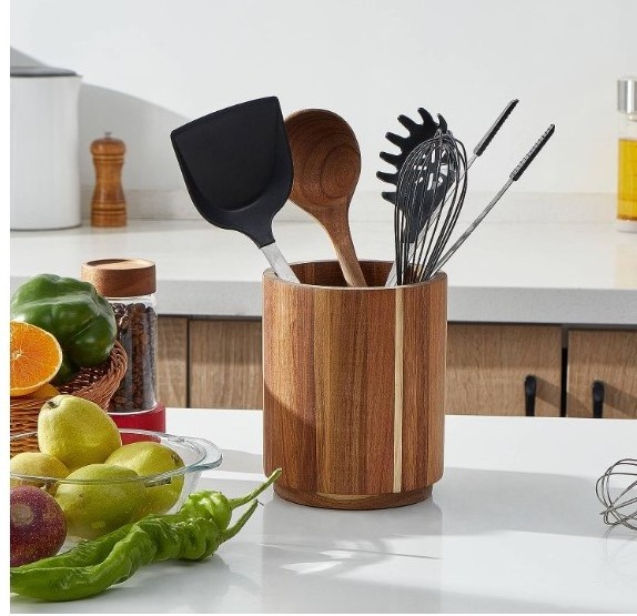 Acacia Wood Utensil Holder for Kitchen Counter 360 Rotating  Large Cooking Utensil Holder/ Kitchen Utensil Storage Organizer